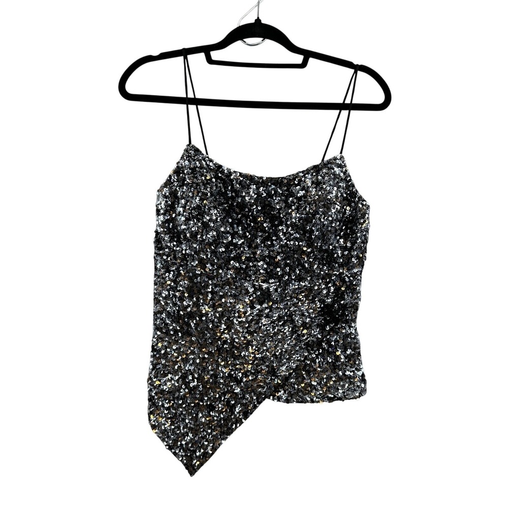 Vintage 90s Cache Sequin Top Party Asymmetric Tank Black Silver M Glam Rock